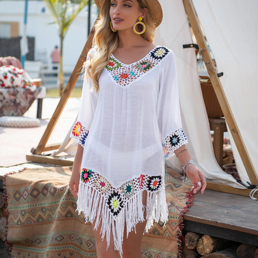 Vestido Biquini Crochê Hippie Malha Túnica Oca